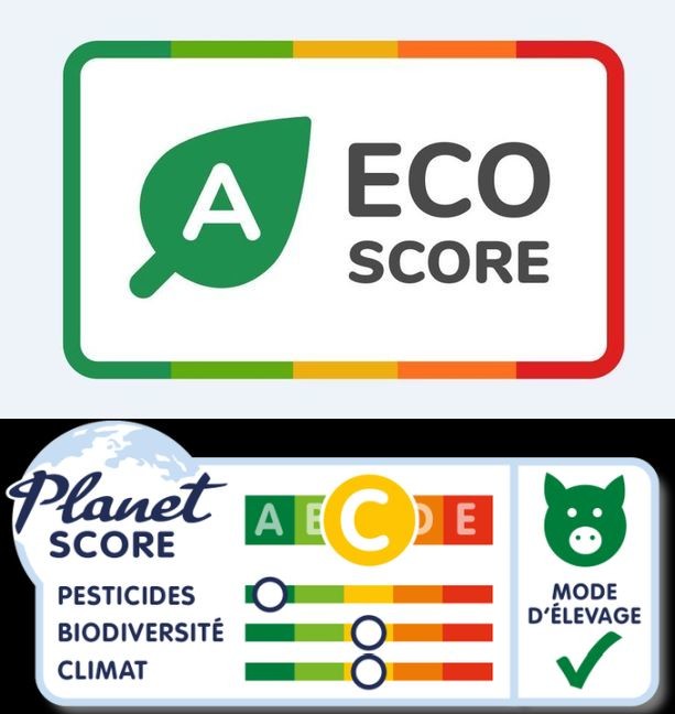 cette image est une illustration de l'eco-score et planet score, montrant l'impact sur l'environnement et le climat du produit alimentaire